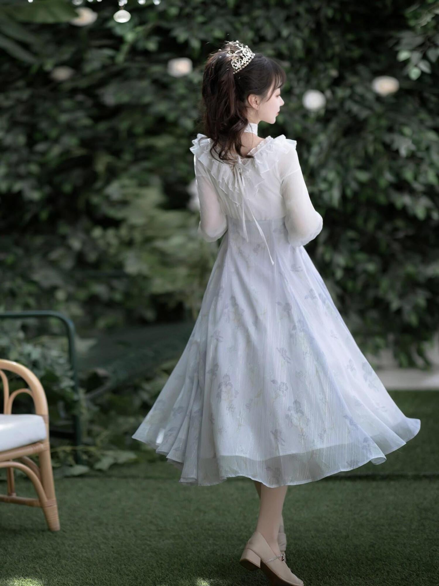 Jing Mu Iris Dream Lolita Bow Stand Collar A Line Women's Polyester Short Sleeve Op