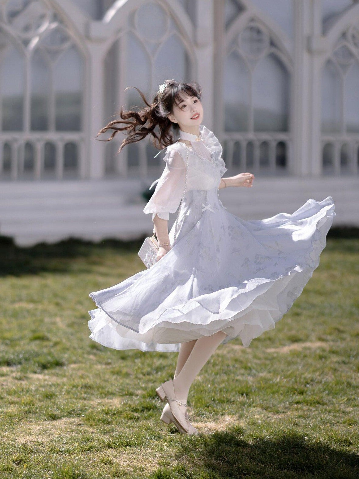 Jing Mu Iris Dream Lolita Bow Stand Collar A Line Women's Polyester Short Sleeve Op