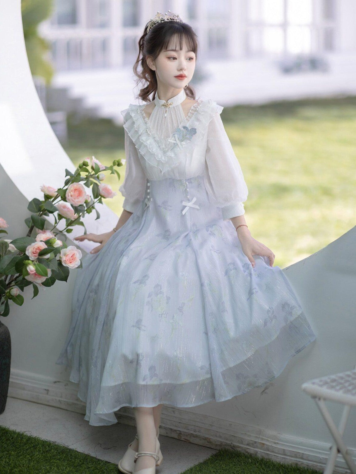 Jing Mu Iris Dream Lolita Bow Stand Collar A Line Women's Polyester Short Sleeve Op