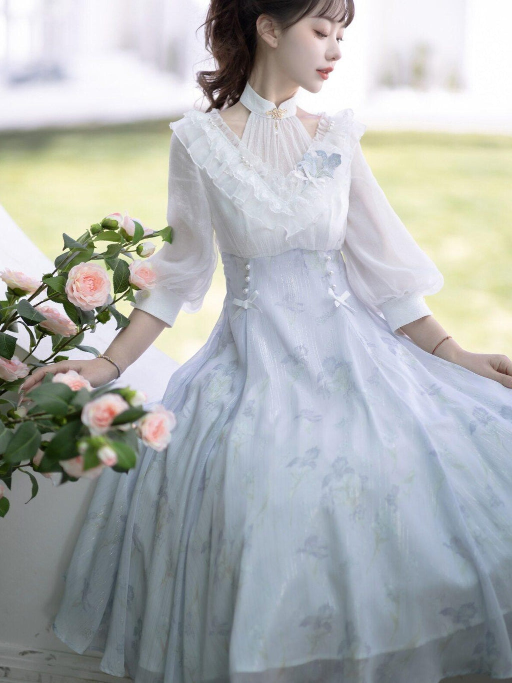 Jing Mu Iris Dream Lolita Bow Stand Collar A Line Women's Polyester Short Sleeve Op