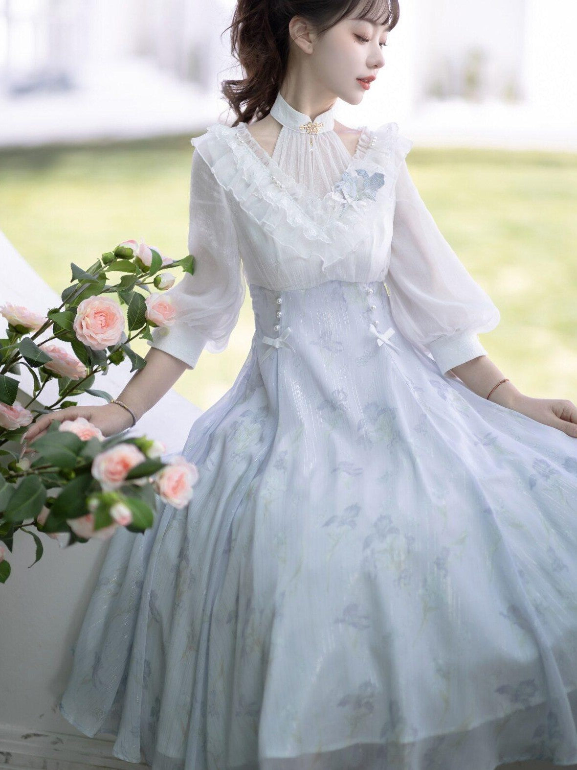 Jing Mu Iris Dream Lolita Bow Stand Collar A Line Women's Polyester Short Sleeve Op