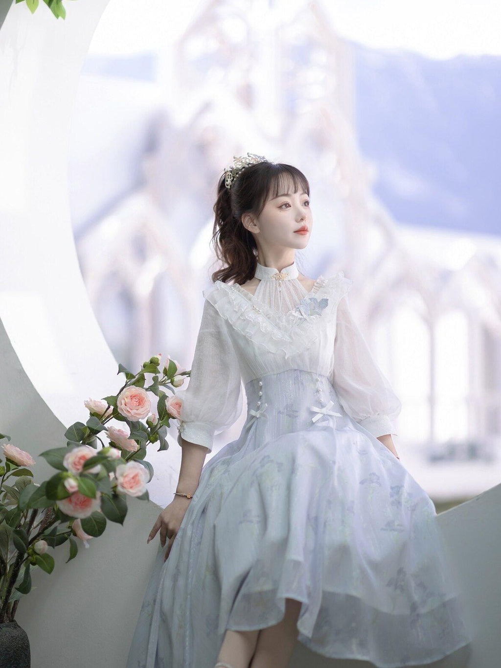 Jing Mu Iris Dream Lolita Bow Stand Collar A Line Women's Polyester Short Sleeve Op