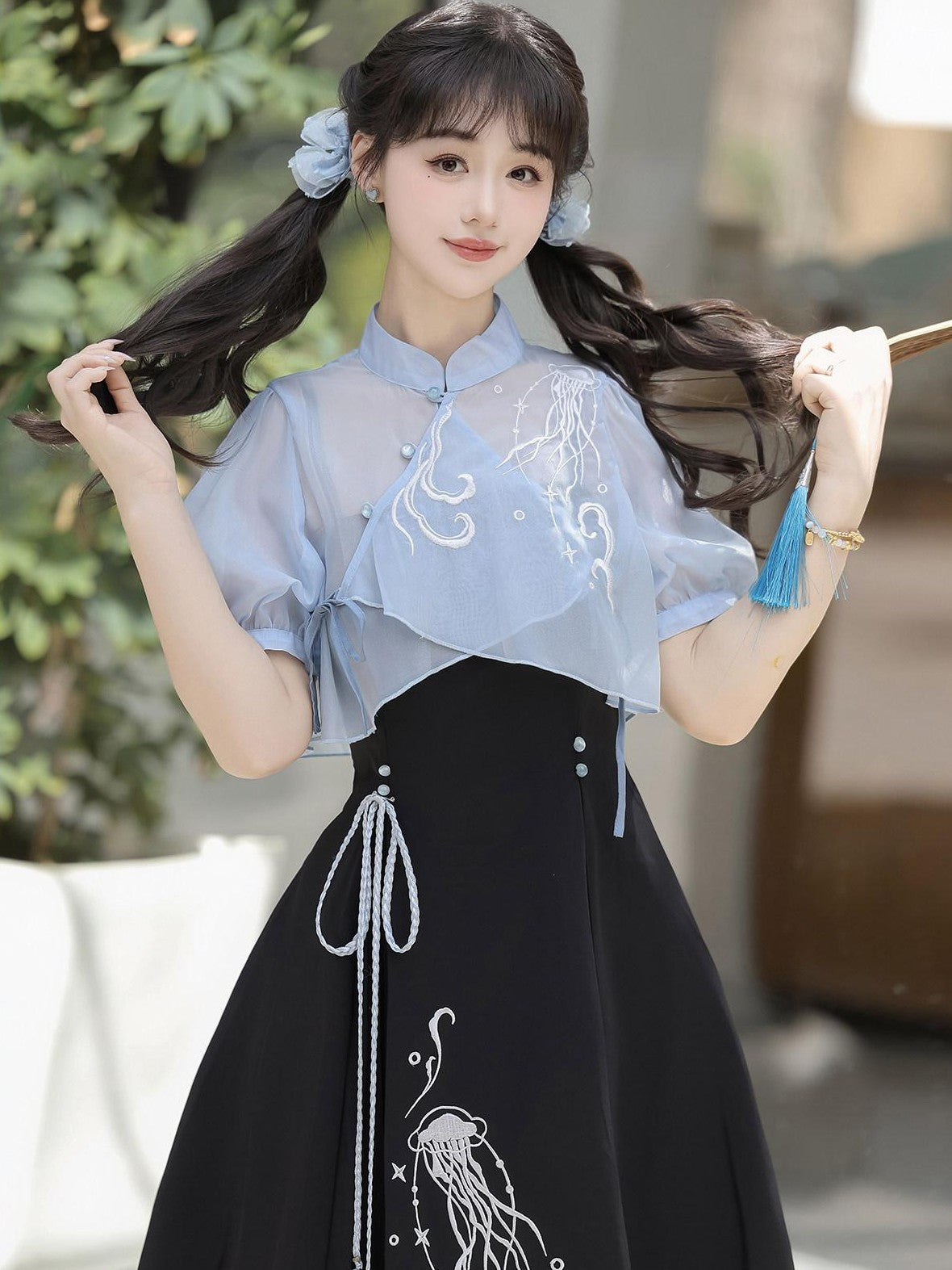 Jing Mu Jellyfish Print Han Style Stand Collar Halter Women's Jsk / Jumper Skirts