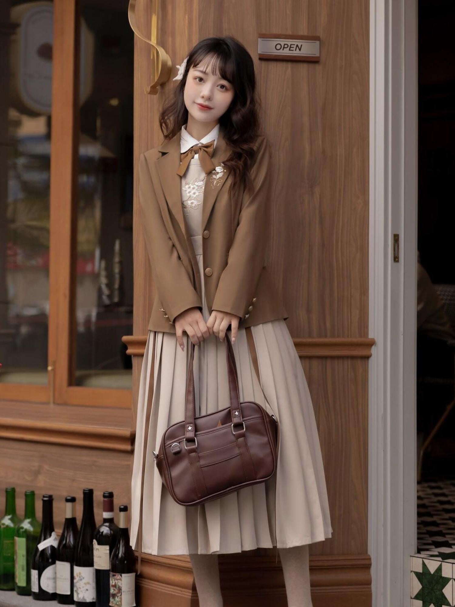 Jing Mu Jk School Blazer Shirt Pinafore Long Skirt Women's Full Coordination Sets