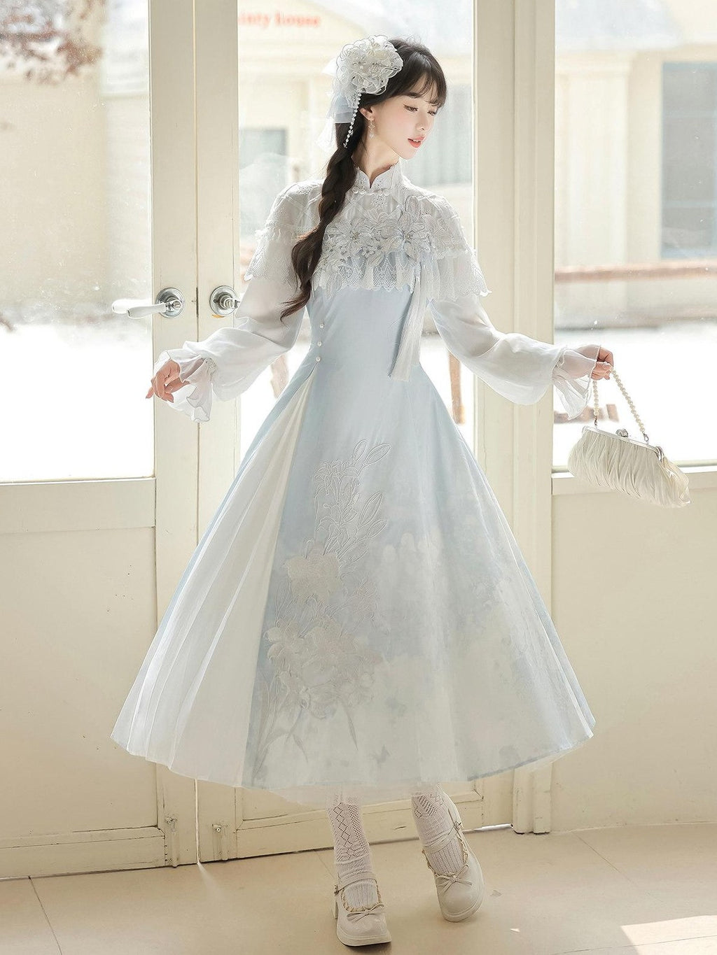 Jing Mu Lily Print Vintage Lolita A Line Stand Collar Women's Long Sleeve Op