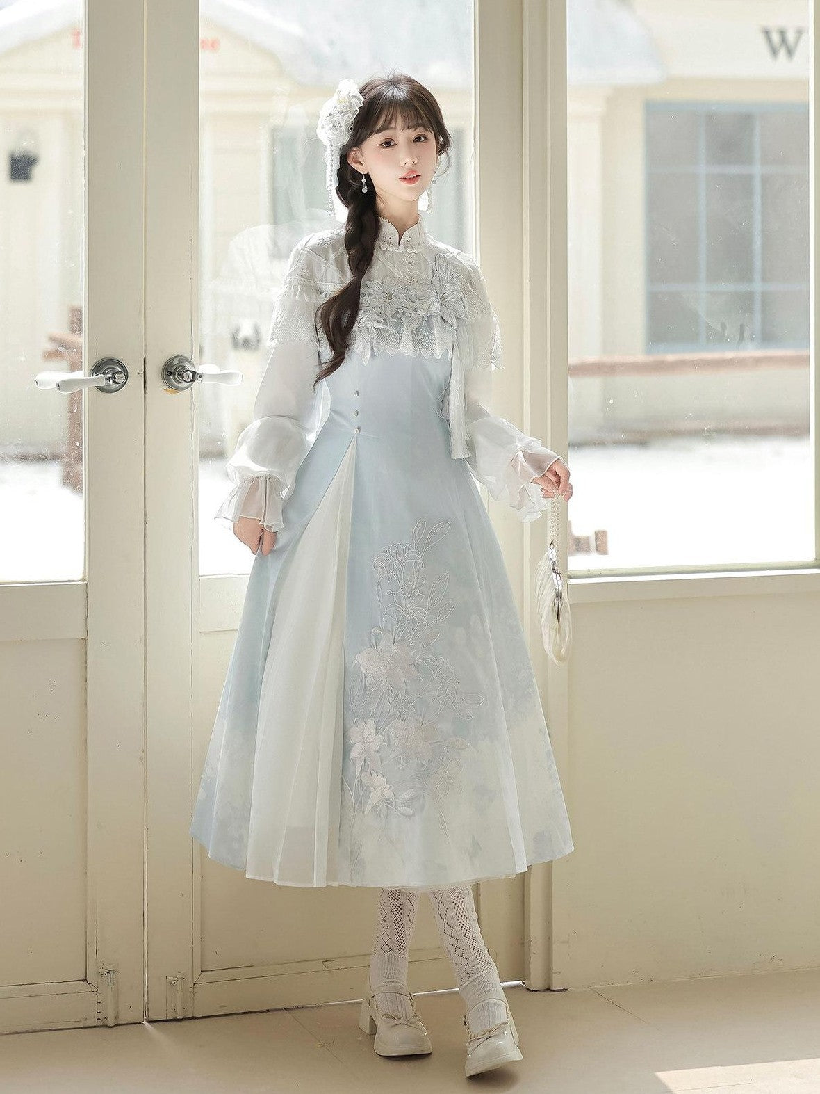 Jing Mu Lily Print Vintage Lolita A Line Stand Collar Women's Long Sleeve Op