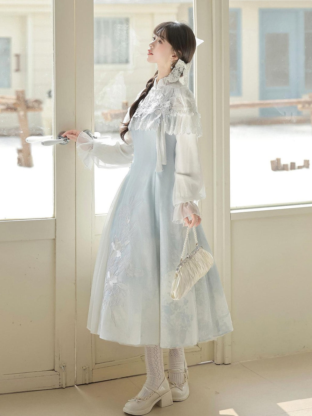 Jing Mu Lily Print Vintage Lolita A Line Stand Collar Women's Long Sleeve Op