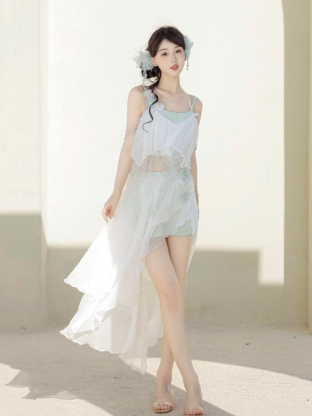 Jing Mu Lolita Beach Split Three Piece Women's Long Cami Swimsuit Skirt Sets