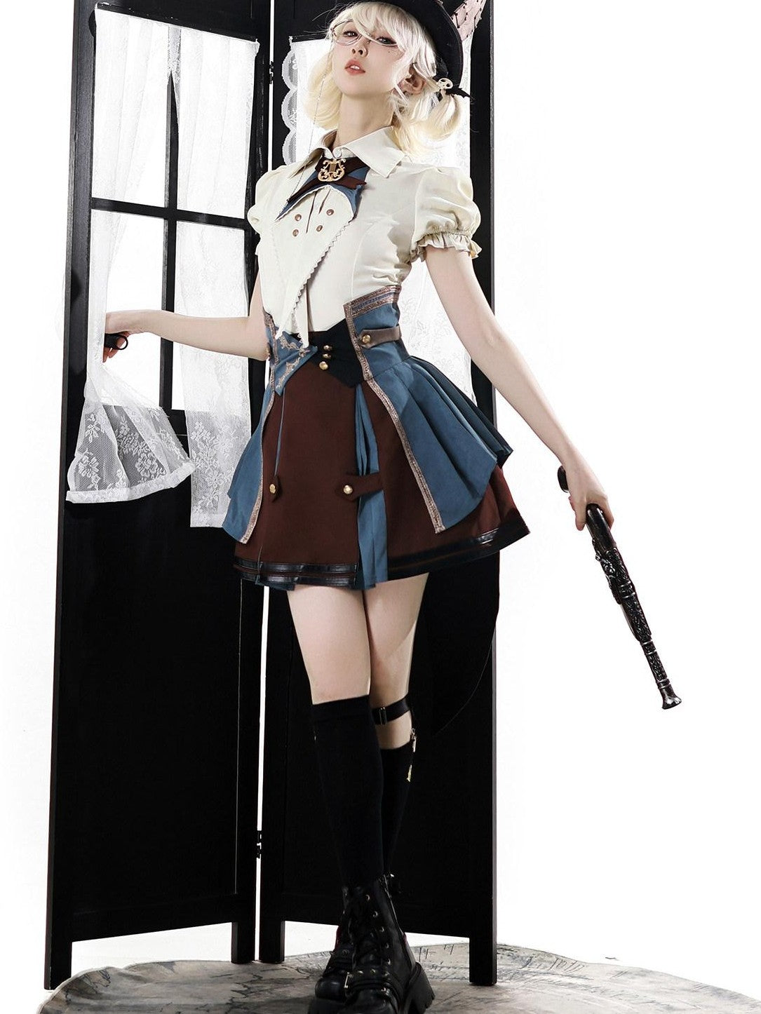 Jing Mu Lolita Conductor British Stand Collar Waist Cincher Women's Skirt Sets