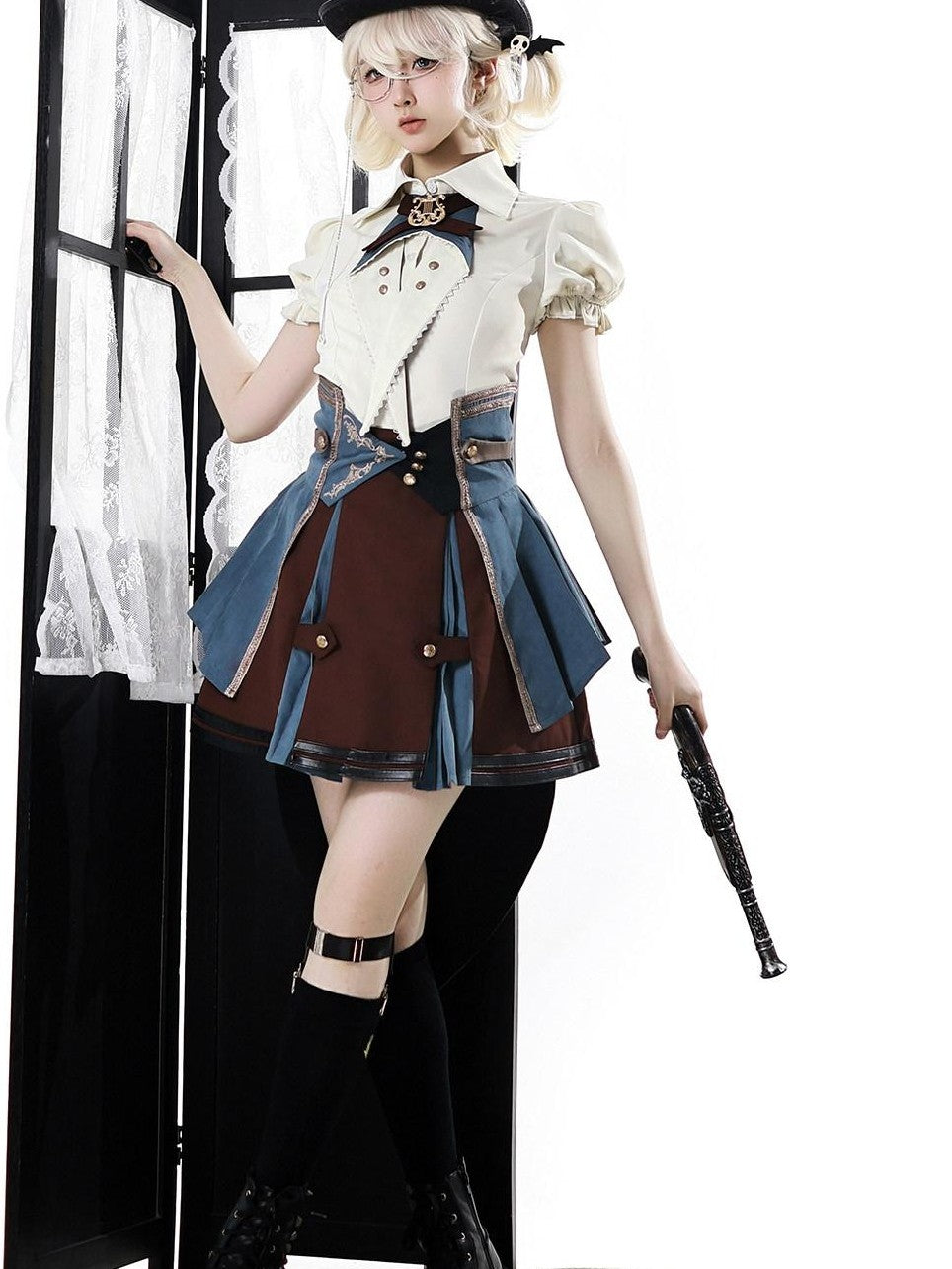Jing Mu Lolita Conductor British Stand Collar Waist Cincher Women's Skirt Sets