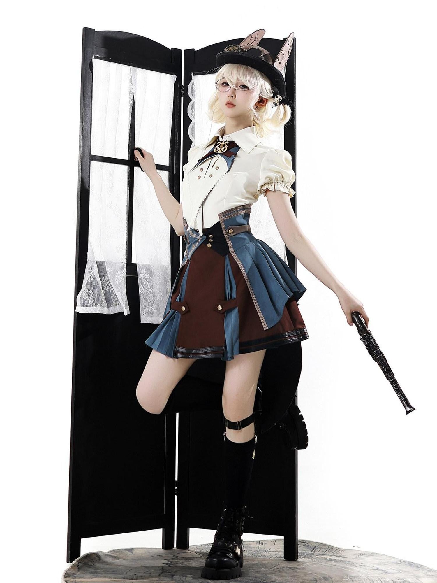 Jing Mu Lolita Conductor British Stand Collar Waist Cincher Women's Skirt Sets