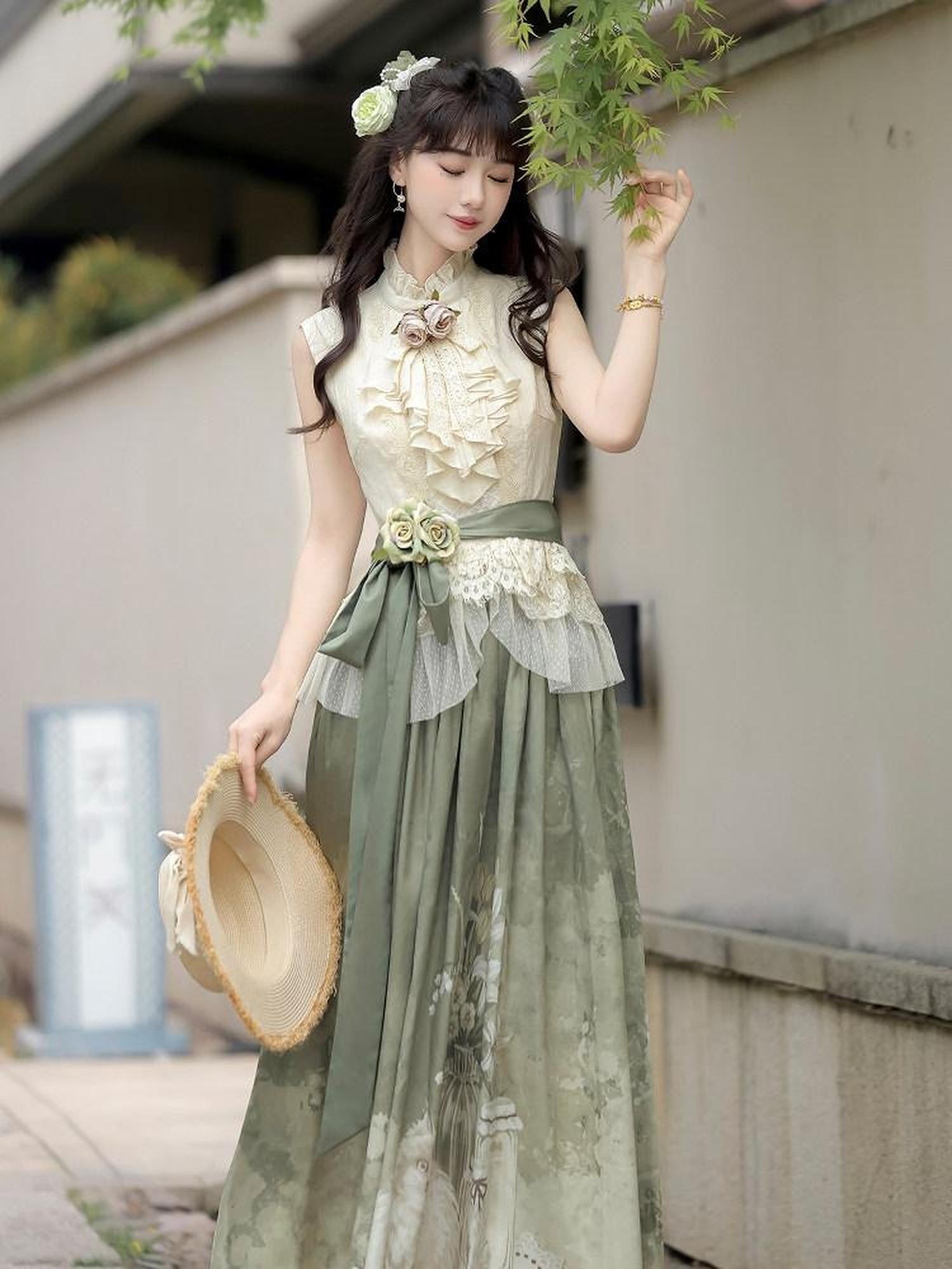 Jing Mu Lolita Cottagecore Elegant Cla Style Shirt And Long Skirt Women's Skirt Sets