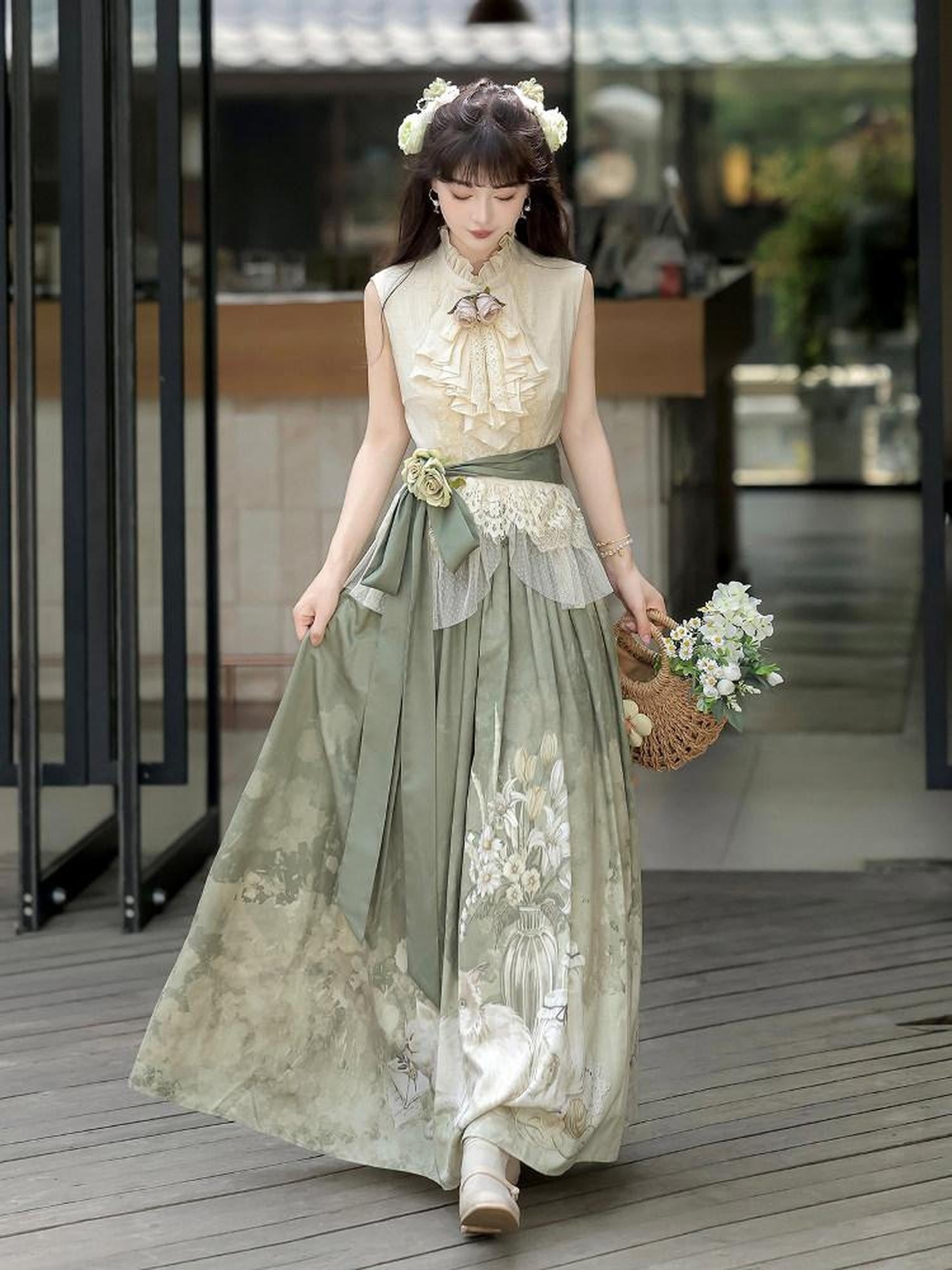 Jing Mu Lolita Cottagecore Elegant Cla Style Shirt And Long Skirt Women's Skirt Sets