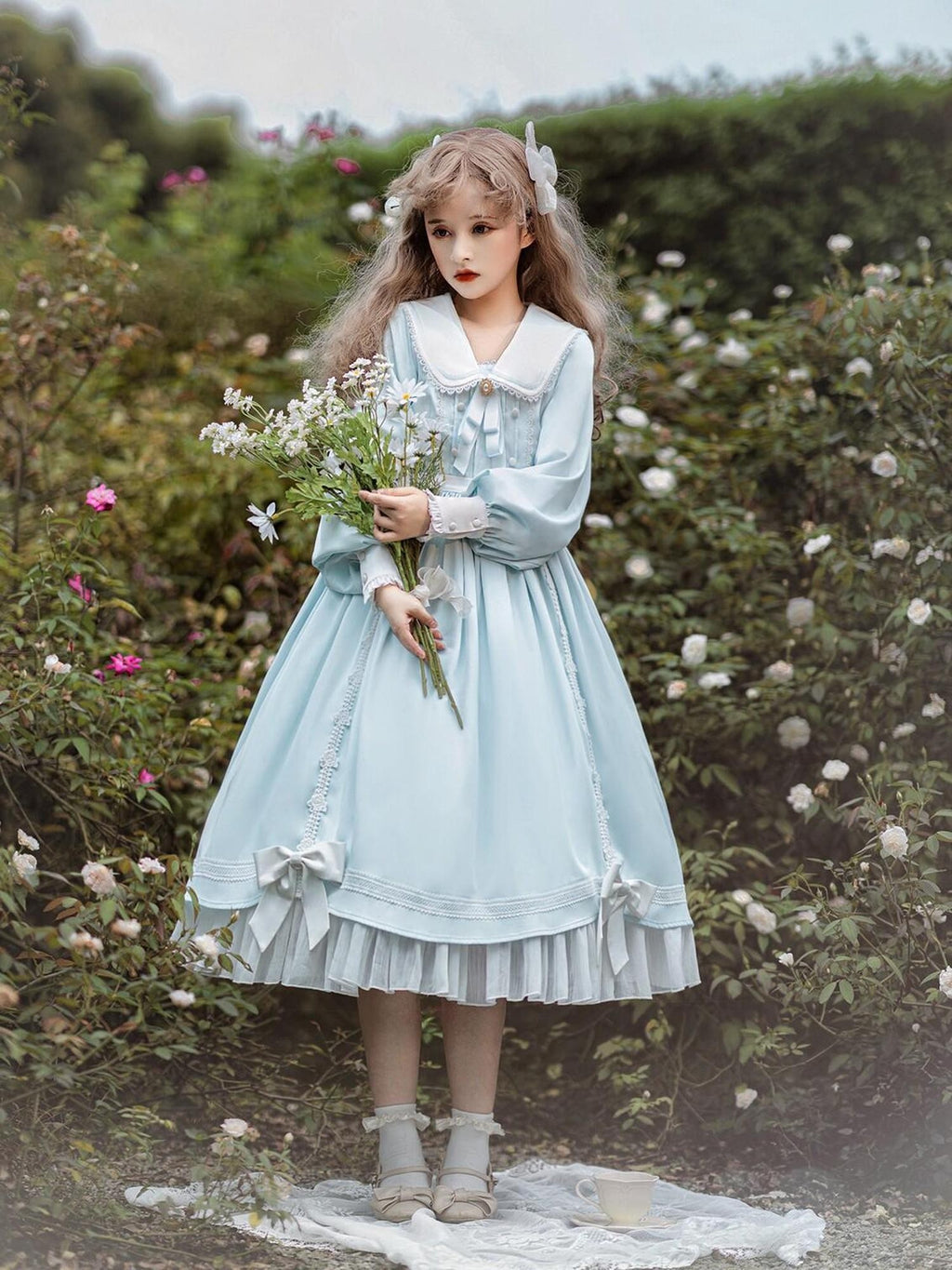 Jing Mu Lolita Spliced High Waist A Line Princess Women's Polyester Long Sleeve Op