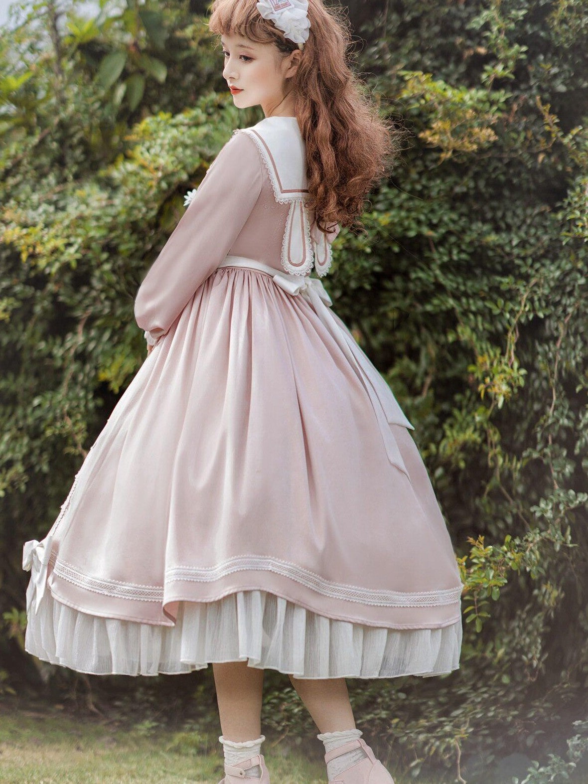 Jing Mu Lolita Spliced High Waist A Line Princess Women's Polyester Long Sleeve Op