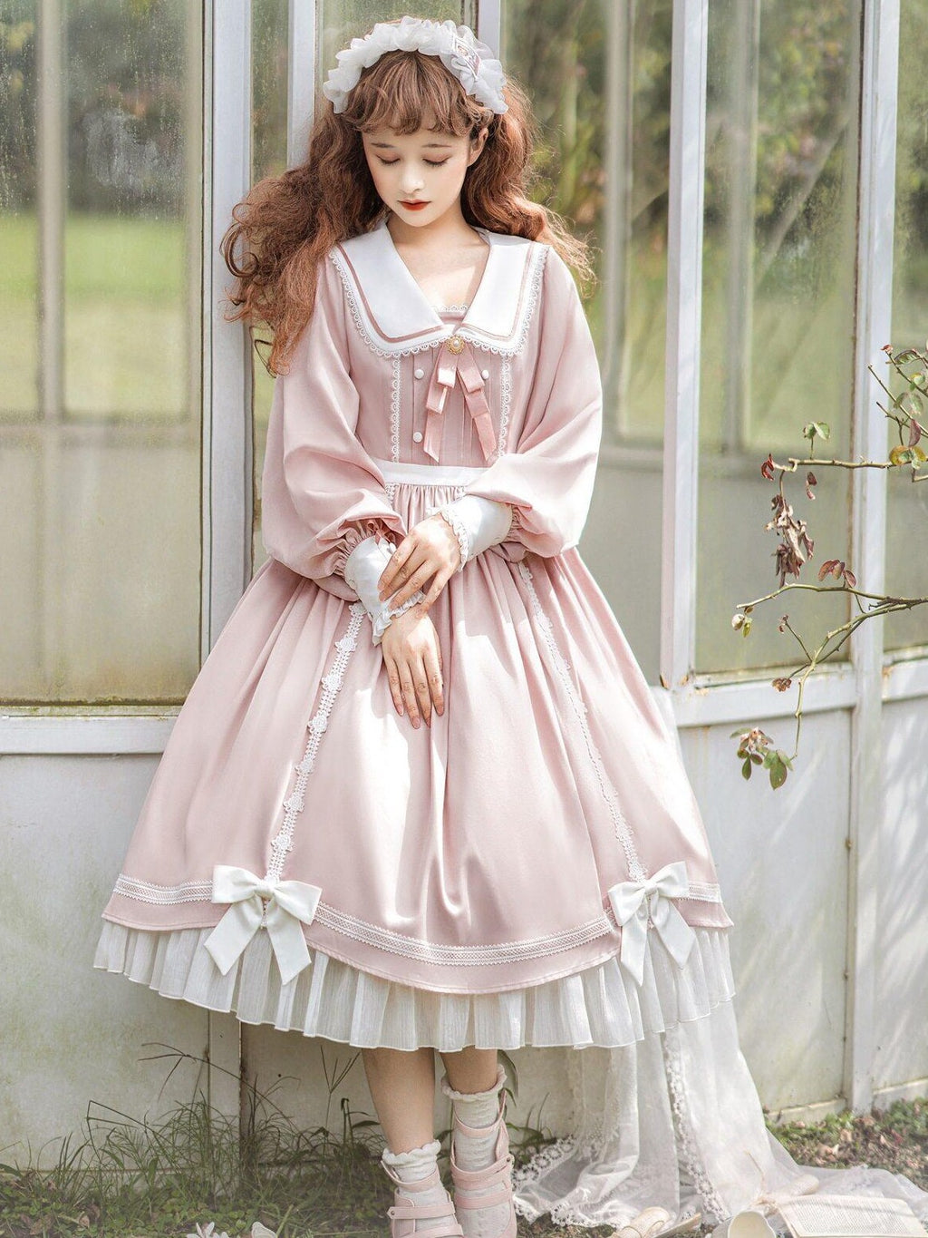 Jing Mu Lolita Spliced High Waist A Line Princess Women's Polyester Long Sleeve Op