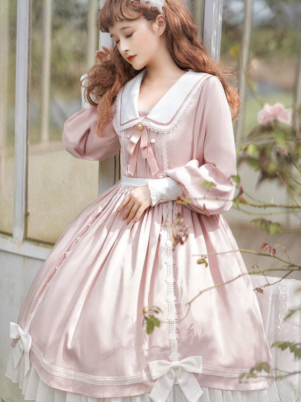 Jing Mu Lolita Spliced High Waist A Line Princess Women's Polyester Long Sleeve Op