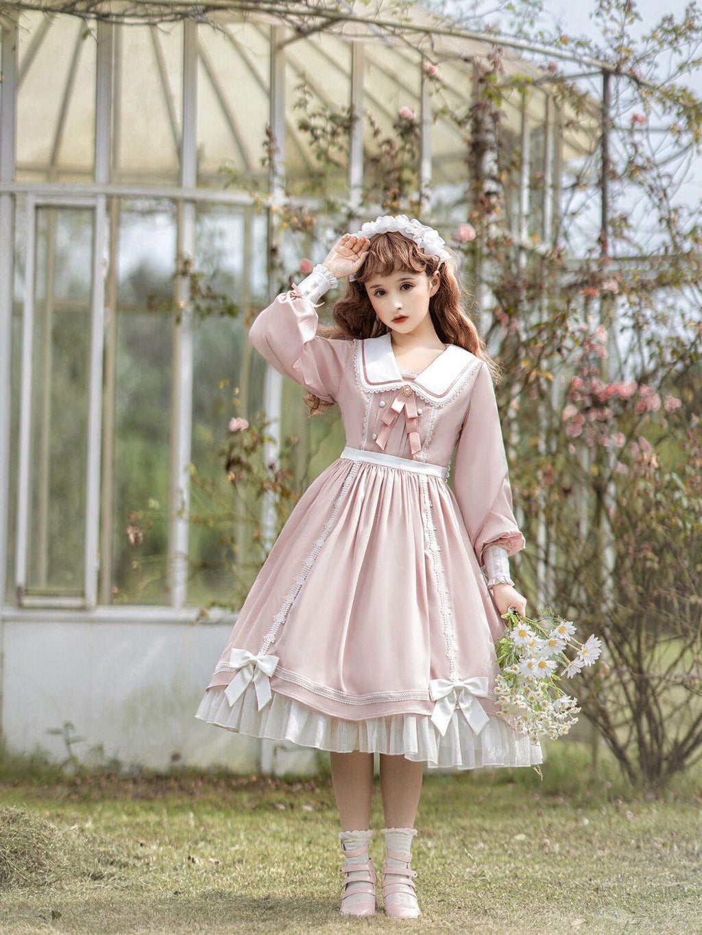 Jing Mu Lolita Spliced High Waist A Line Princess Women's Polyester Long Sleeve Op