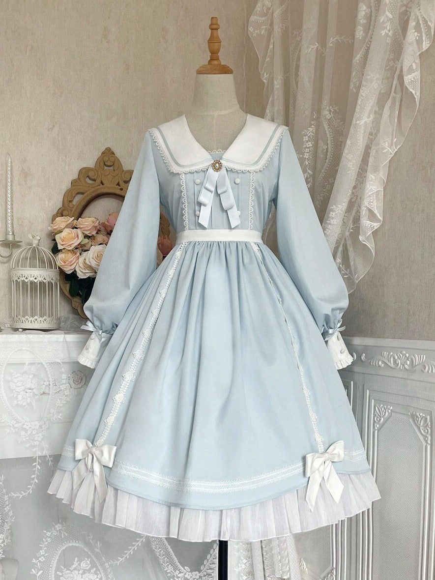 Jing Mu Lolita Spliced High Waist A Line Princess Women's Polyester Long Sleeve Op