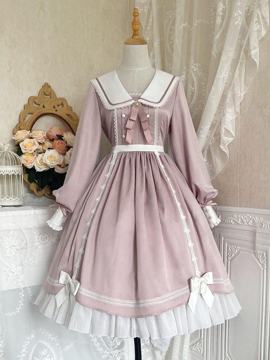 Jing Mu Lolita Spliced High Waist A Line Princess Women's Polyester Long Sleeve Op