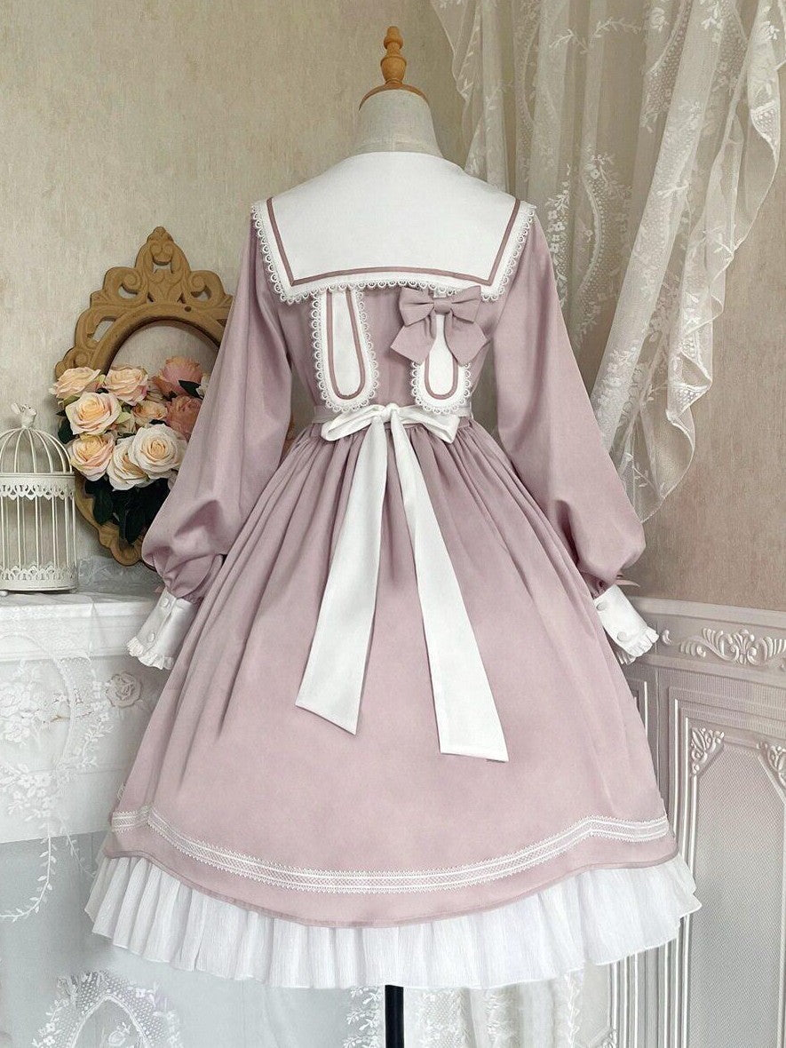 Jing Mu Lolita Spliced High Waist A Line Princess Women's Polyester Long Sleeve Op