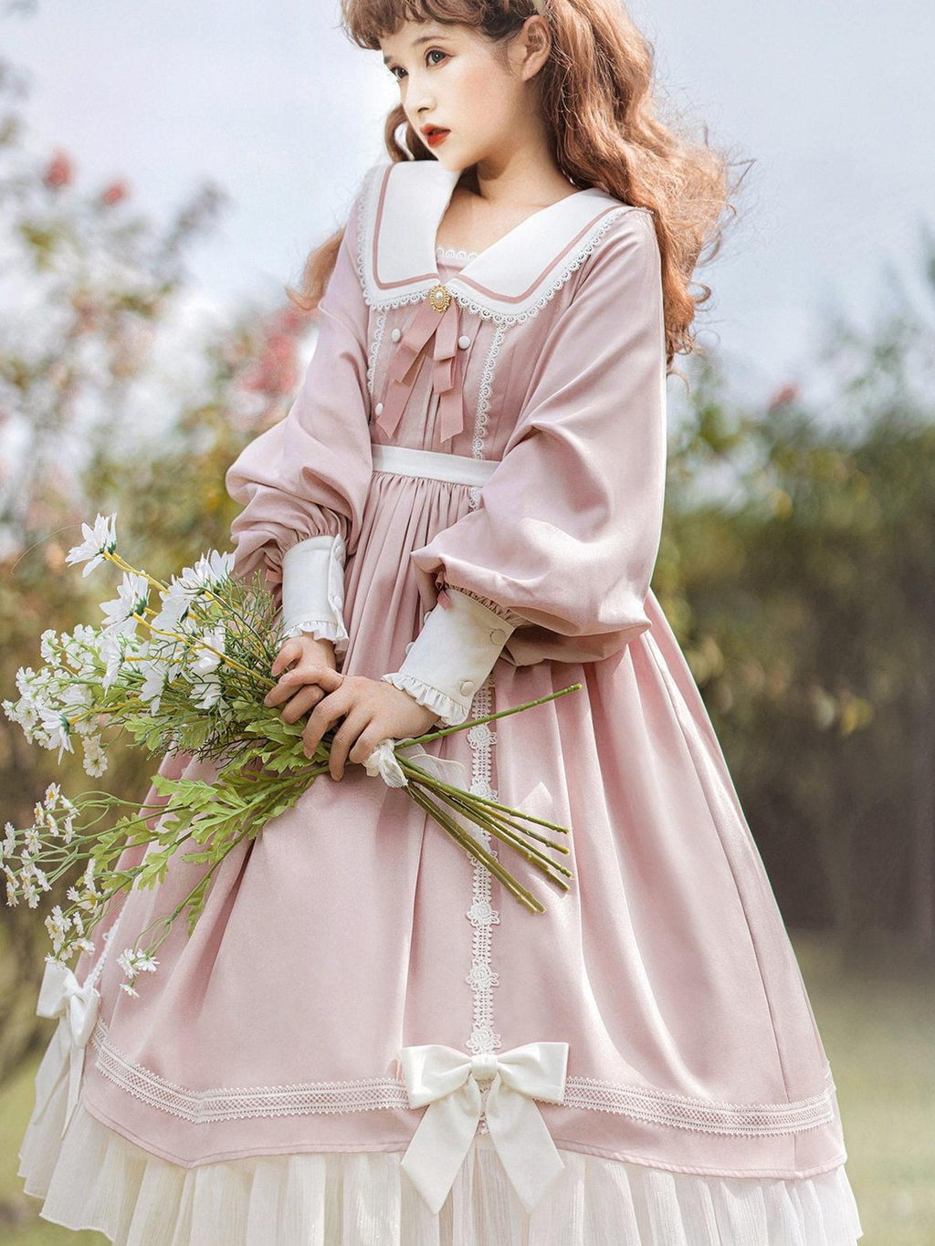Jing Mu Lolita Spliced High Waist A Line Princess Women's Polyester Long Sleeve Op