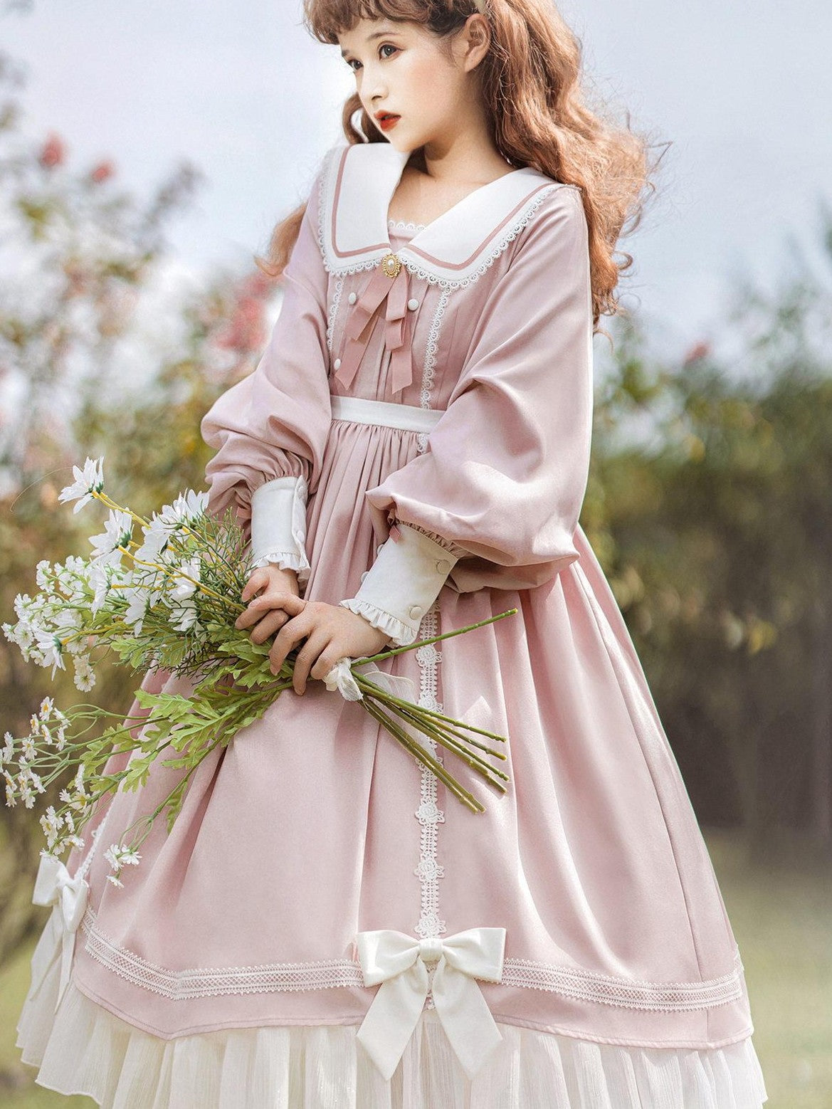 Jing Mu Lolita Spliced High Waist A Line Princess Women's Polyester Long Sleeve Op