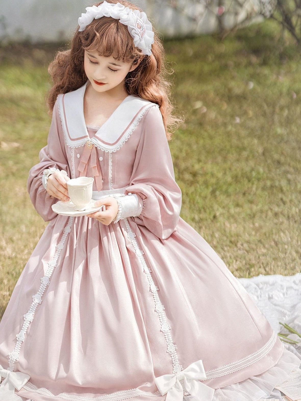 Jing Mu Lolita Spliced High Waist A Line Princess Women's Polyester Long Sleeve Op