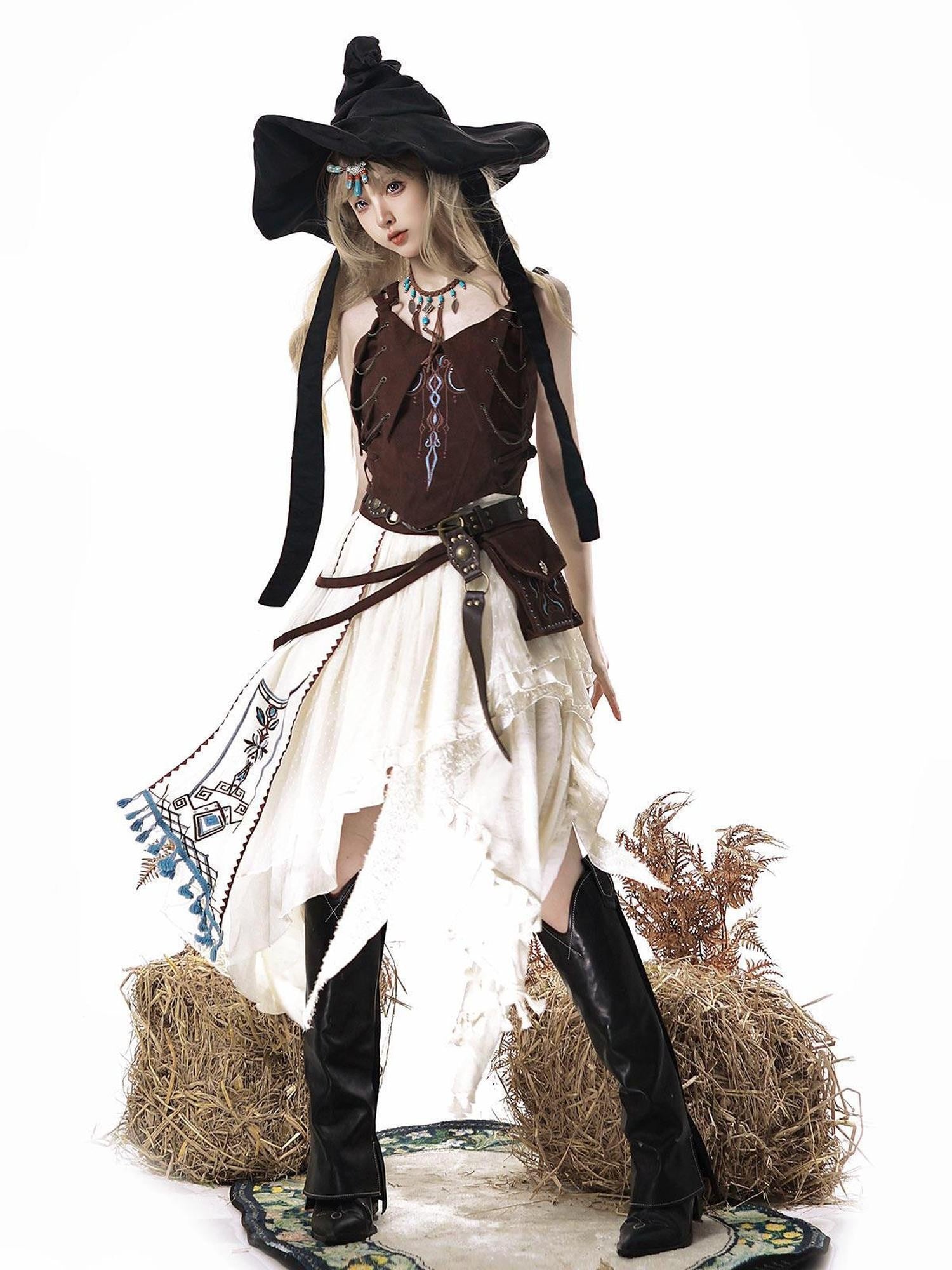 Jing Mu Lolita Wasteland Western Strappy High Waist Women's Skirt Sets