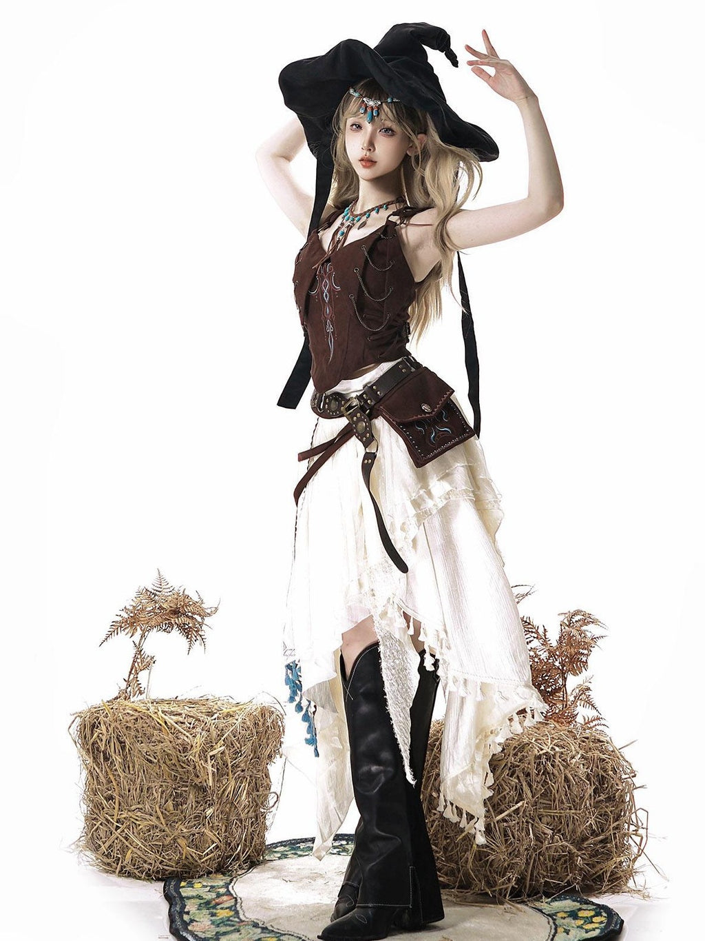 Jing Mu Lolita Wasteland Western Strappy High Waist Women's Skirt Sets
