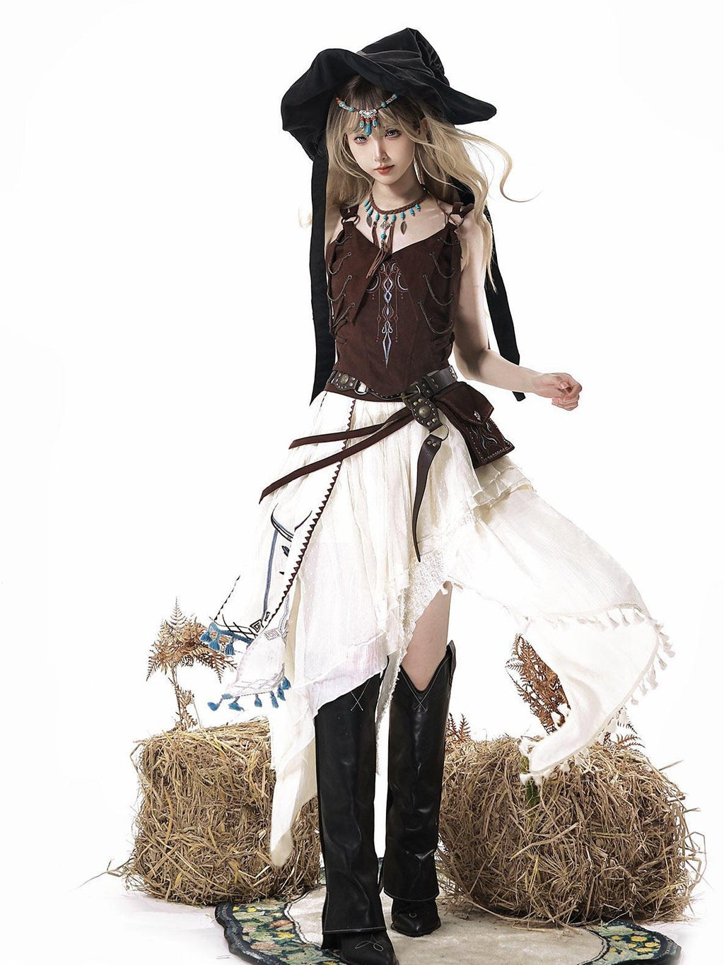 Jing Mu Lolita Wasteland Western Strappy High Waist Women's Skirt Sets