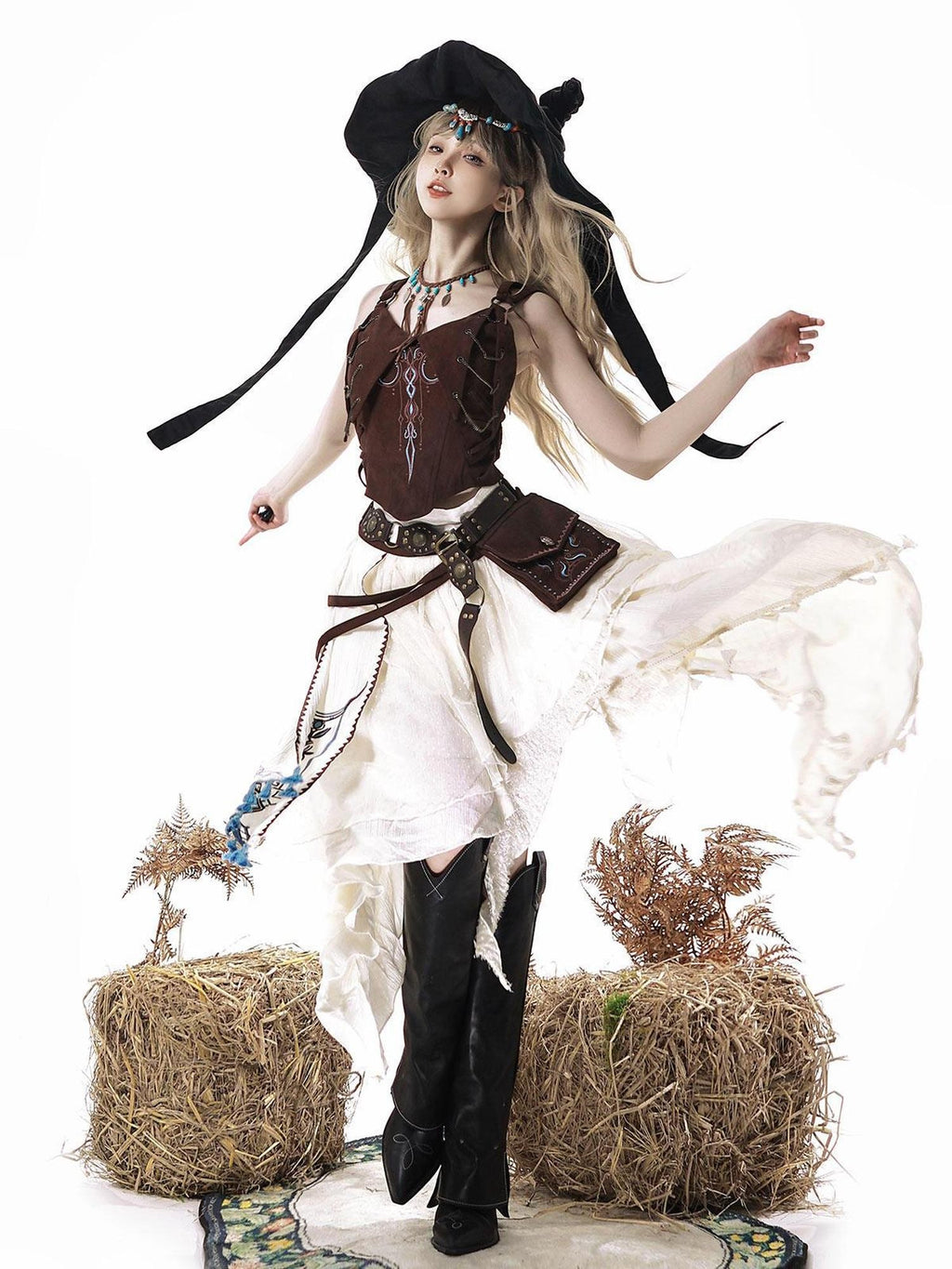 Jing Mu Lolita Wasteland Western Strappy High Waist Women's Skirt Sets