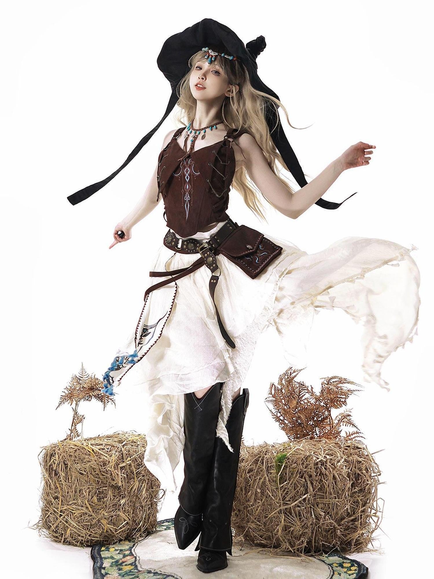 Jing Mu Lolita Wasteland Western Strappy High Waist Women's Skirt Sets