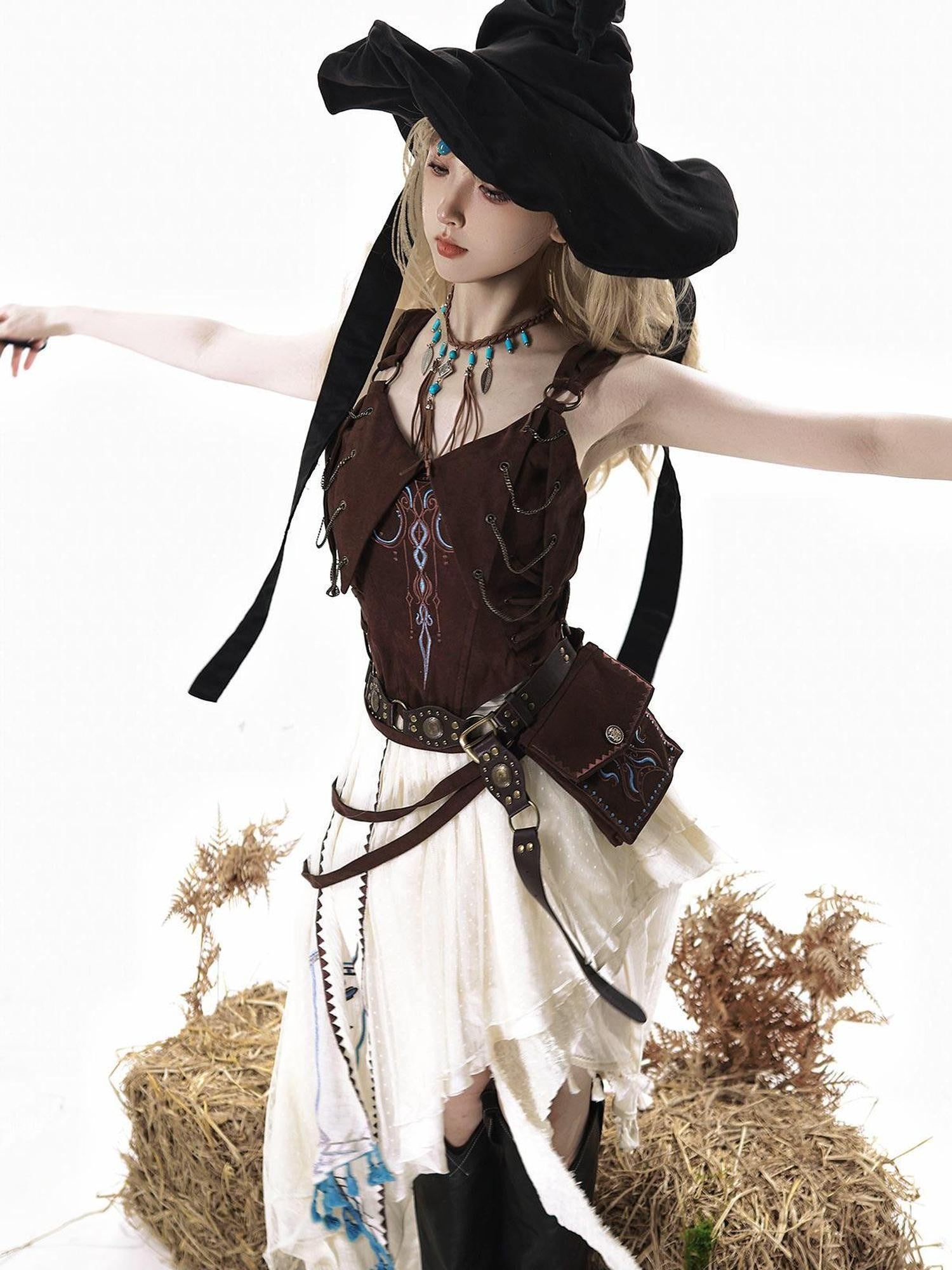 Jing Mu Lolita Wasteland Western Strappy High Waist Women's Skirt Sets