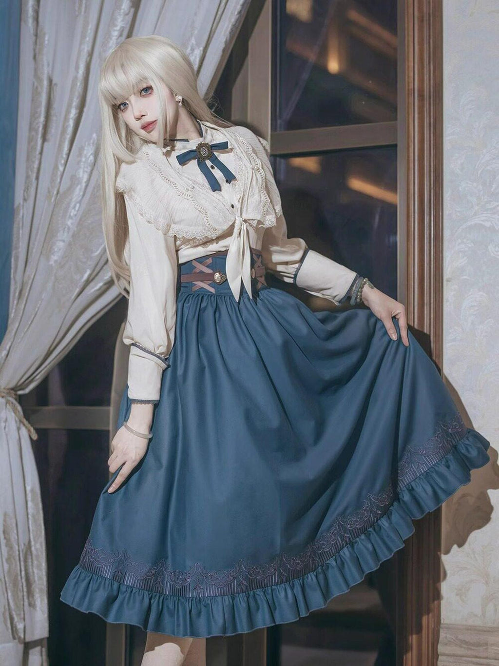 Jing Mu London Letter Lolita Stand Collar Long Sleeve English Academy Women's Skirt Sets
