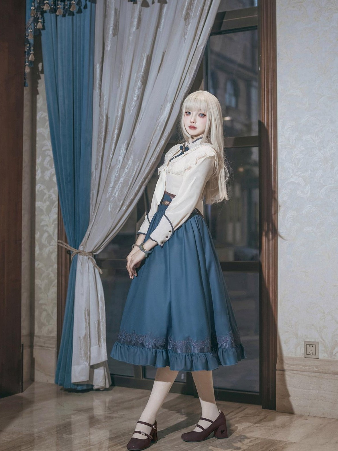 Jing Mu London Letter Lolita Stand Collar Long Sleeve English Academy Women's Skirt Sets