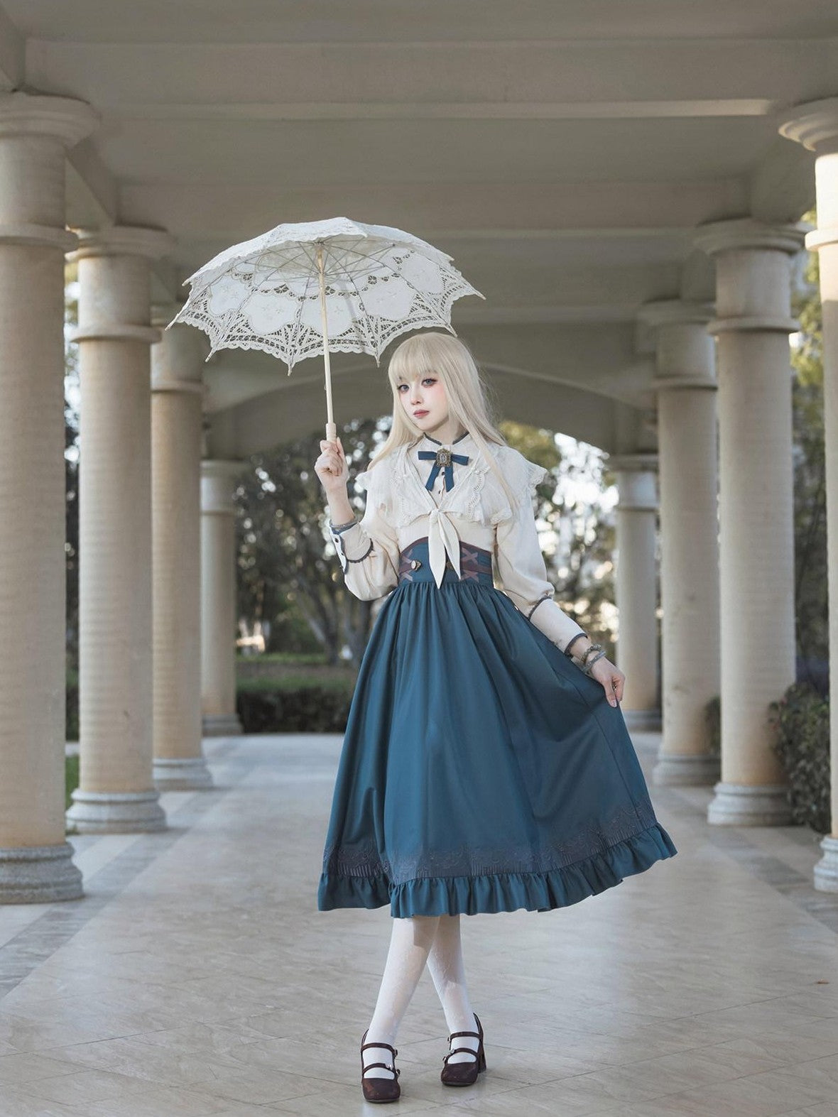 Jing Mu London Letter Lolita Stand Collar Long Sleeve English Academy Women's Skirt Sets