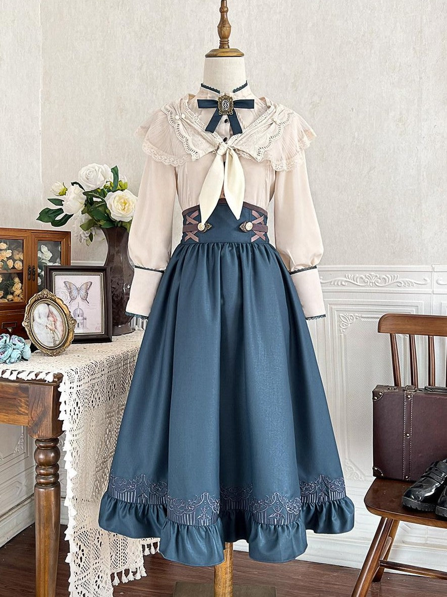Jing Mu London Letter Lolita Stand Collar Long Sleeve English Academy Women's Skirt Sets