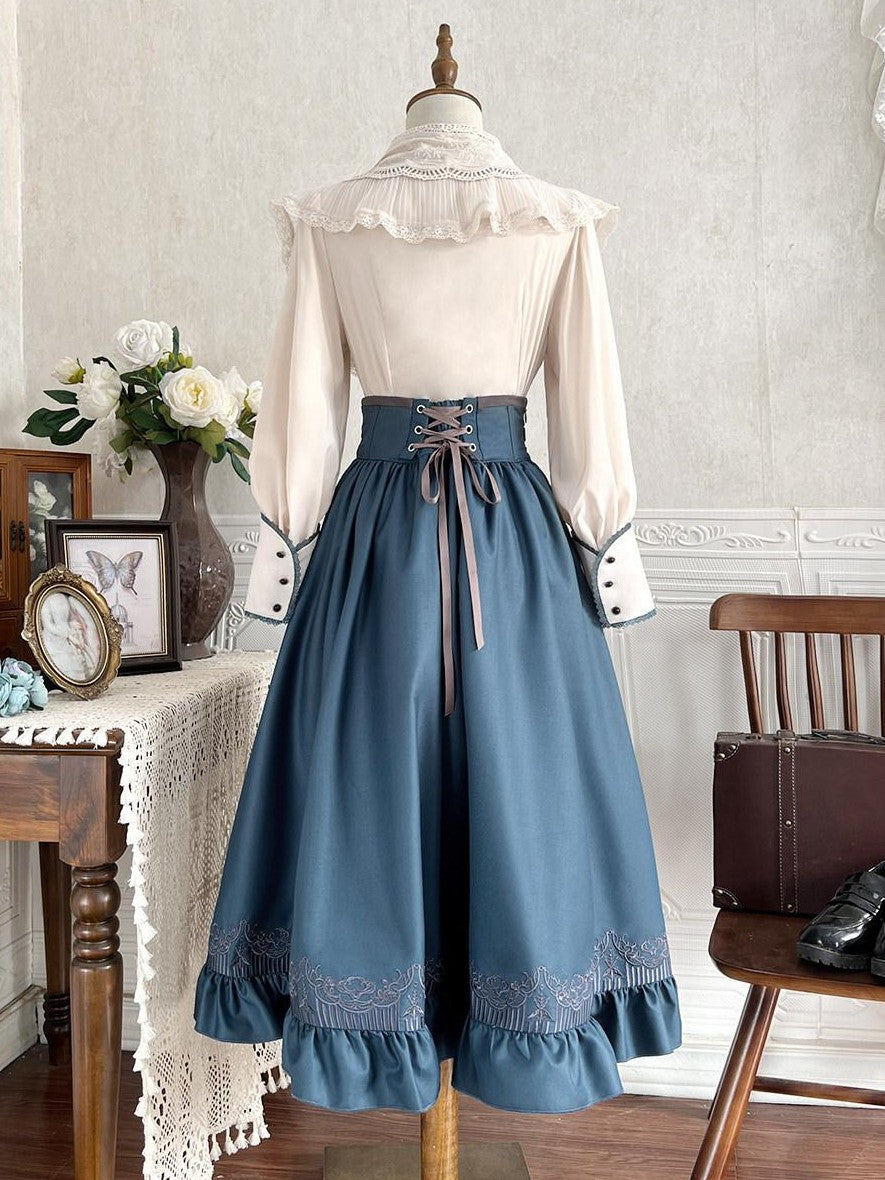 Jing Mu London Letter Lolita Stand Collar Long Sleeve English Academy Women's Skirt Sets