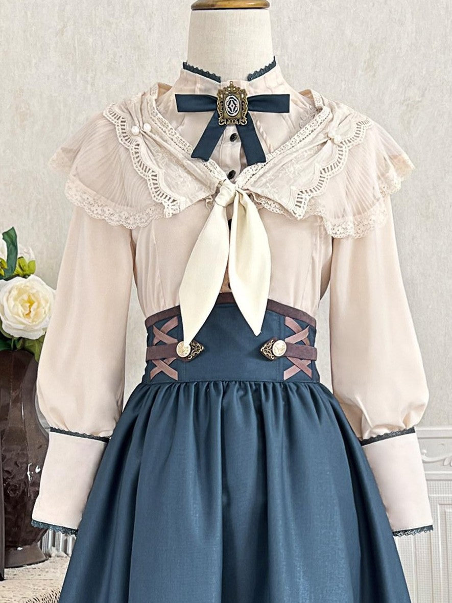 Jing Mu London Letter Lolita Stand Collar Long Sleeve English Academy Women's Skirt Sets