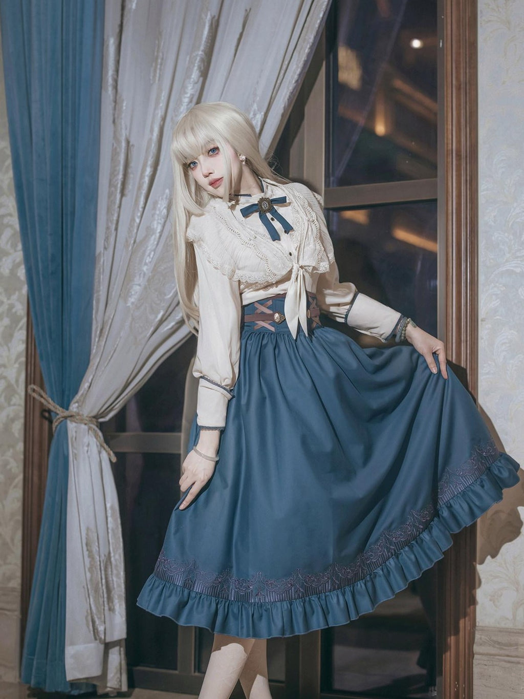 Jing Mu London Letter Lolita Stand Collar Long Sleeve English Academy Women's Skirt Sets