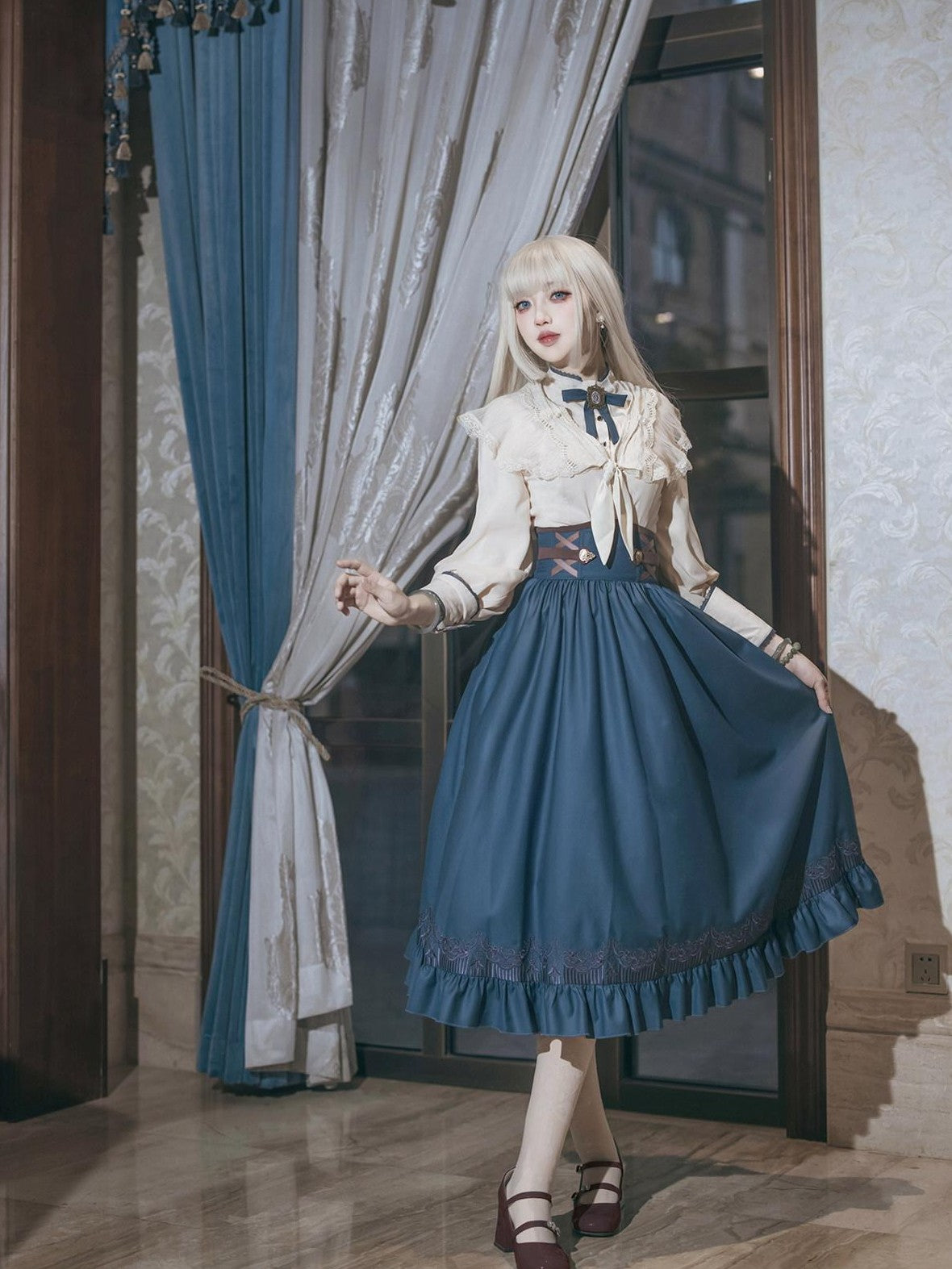 Jing Mu London Letter Lolita Stand Collar Long Sleeve English Academy Women's Skirt Sets