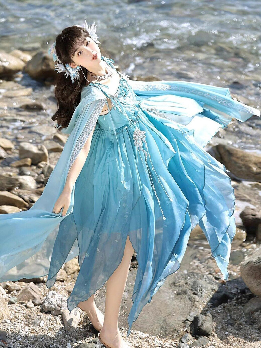 Jing Mu Marine Blue Mermaid Cape Strappy Asymmetric Hem Women's Jsk / Jumper Skirts