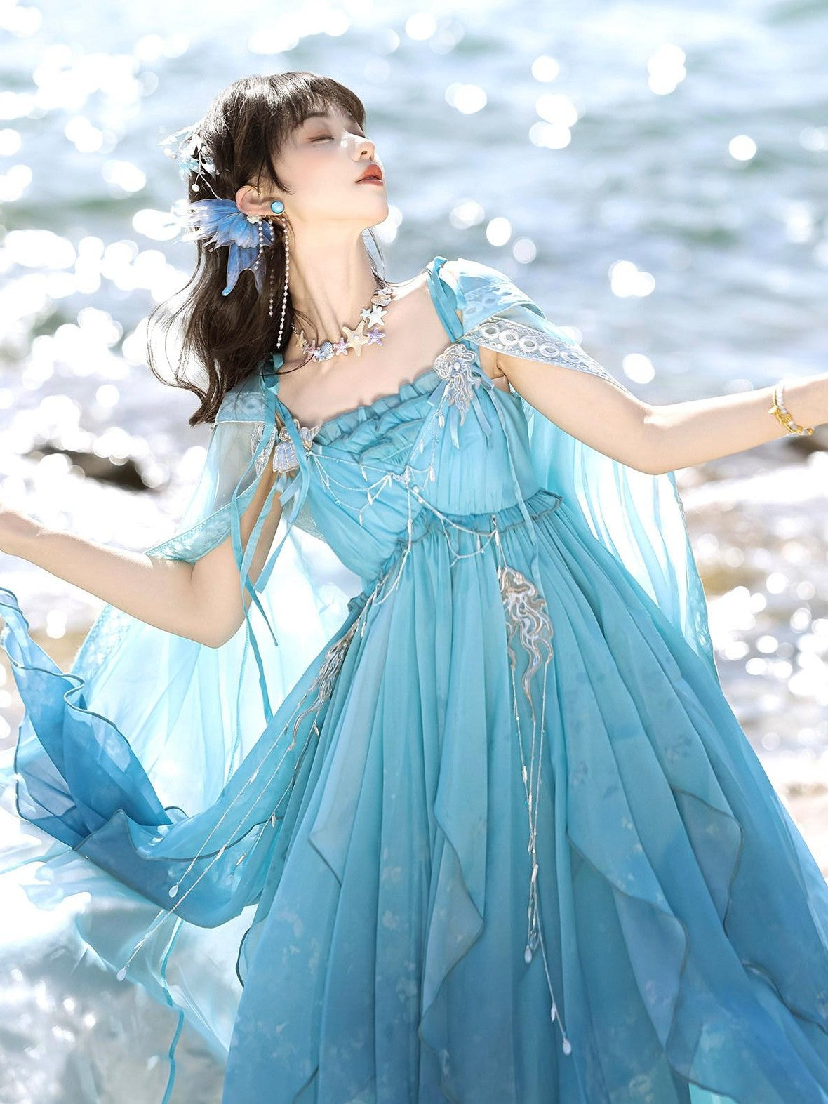 Jing Mu Marine Blue Mermaid Cape Strappy Asymmetric Hem Women's Jsk / Jumper Skirts