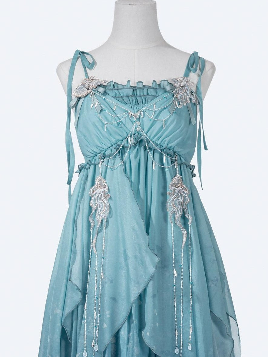 Jing Mu Marine Blue Mermaid Cape Strappy Asymmetric Hem Women's Jsk / Jumper Skirts