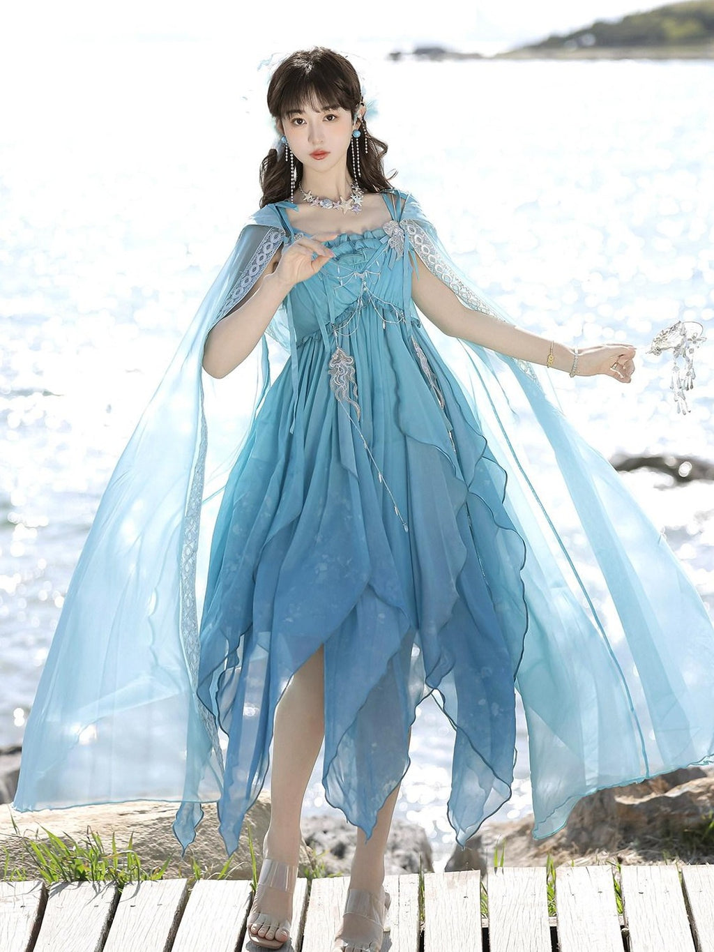 Jing Mu Marine Blue Mermaid Cape Strappy Asymmetric Hem Women's Jsk / Jumper Skirts