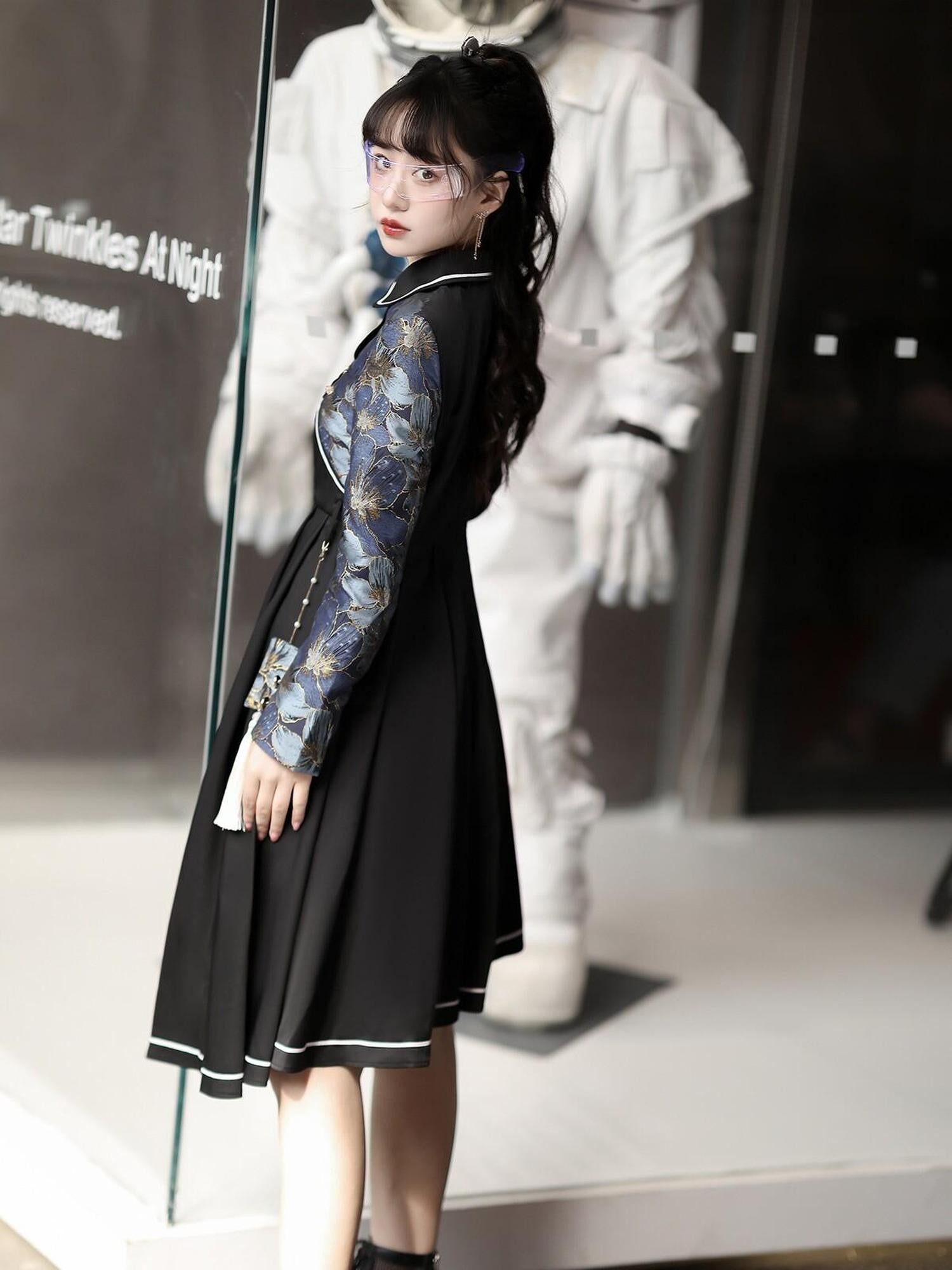 Jing Mu Modern Han Fusion Frog Buttons Asymmetrical Women's Polyester Long Sleeve Op