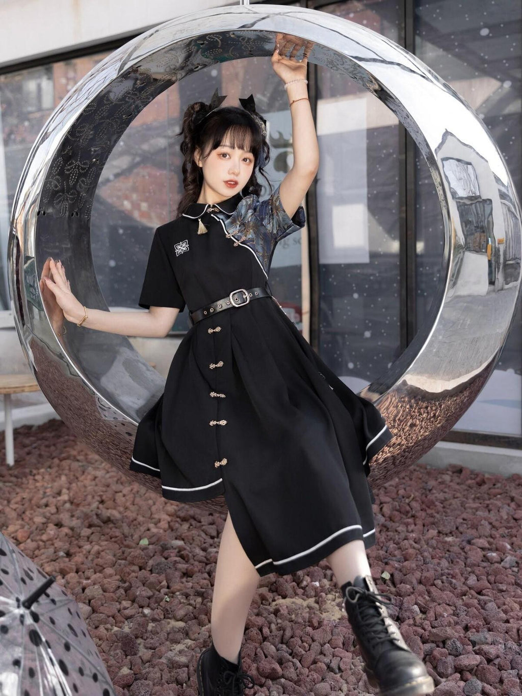 Jing Mu Modern Han Fusion Frog Buttons Asymmetrical Women's Polyester Long Sleeve Op