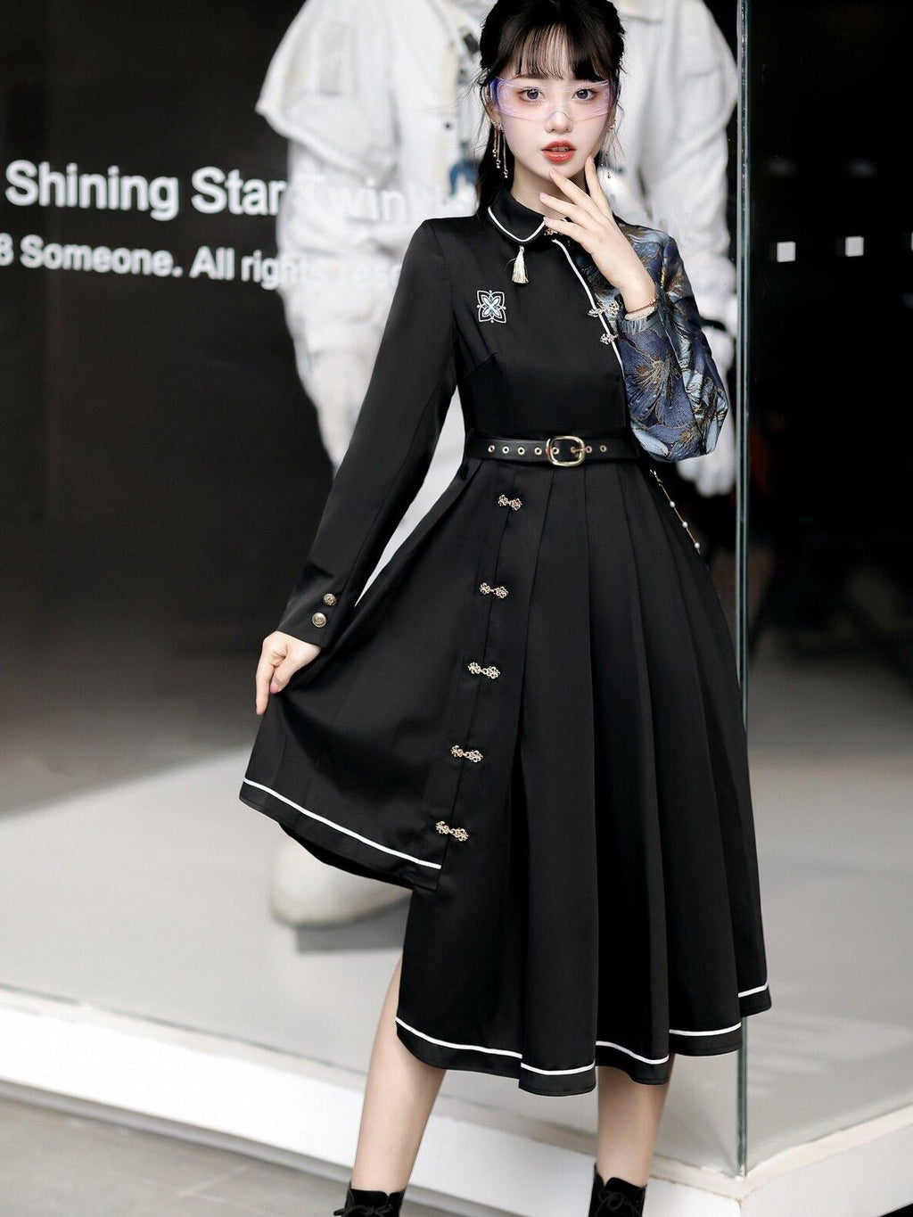 Jing Mu Modern Han Fusion Frog Buttons Asymmetrical Women's Polyester Long Sleeve Op