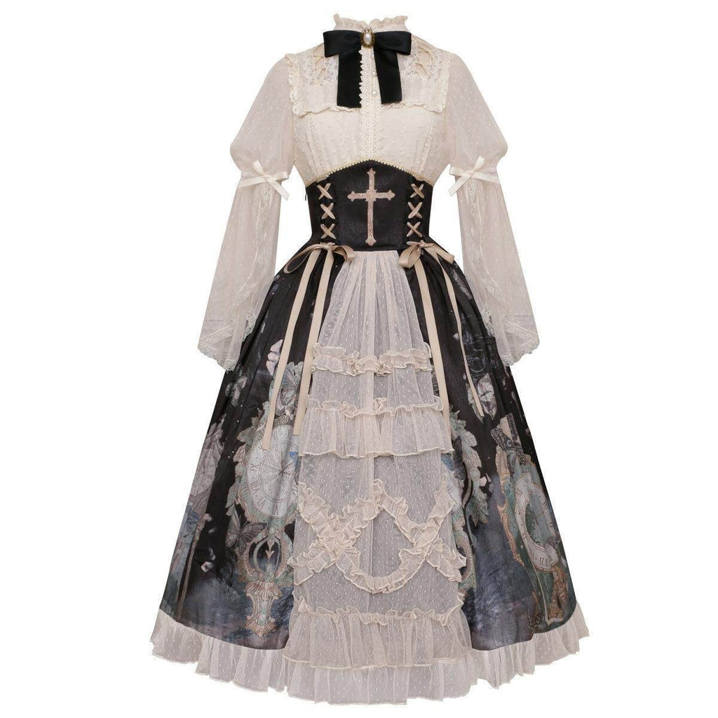 Jing_Mu_Oil_Painting_Clock_Butterfly_Print_Stand_Collar_Bell_Sleeves_Women's_Skirt_Sets_679263829379_MISSTT